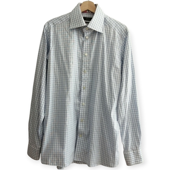 Eton Contemporary Fit Blue White Check Plaid Dress Shirt Floral Trim 16.5 34/35 - Picture 15 of 15